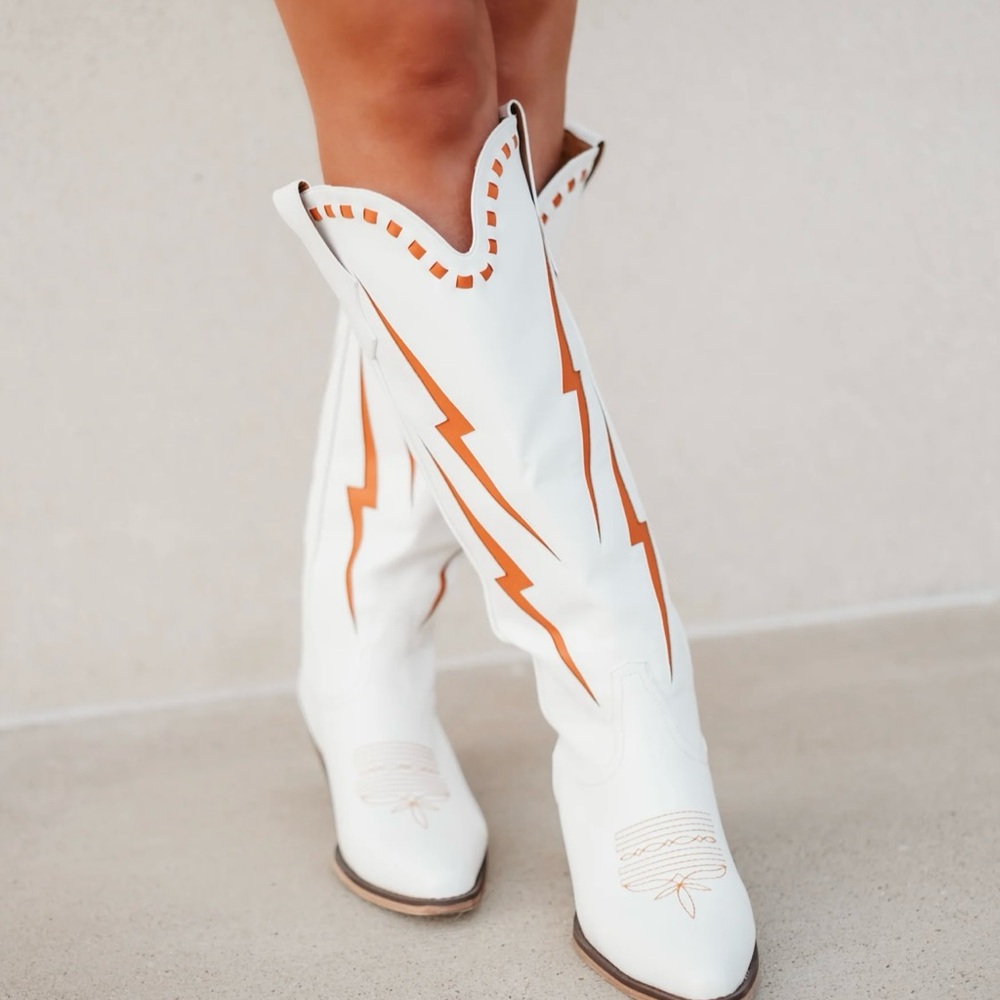 Stylish White and Orange Heeled Boots